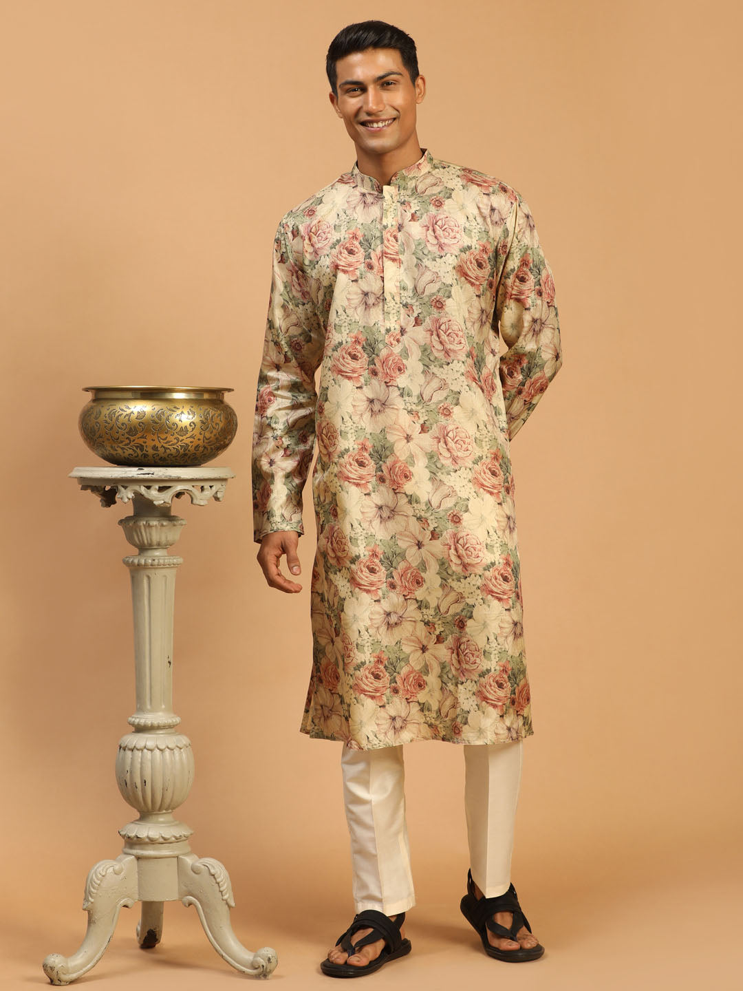 Sarvati Men's Beige Floral Printed Kurta with Cream Solid Pant Style Viscose Pyjama Set