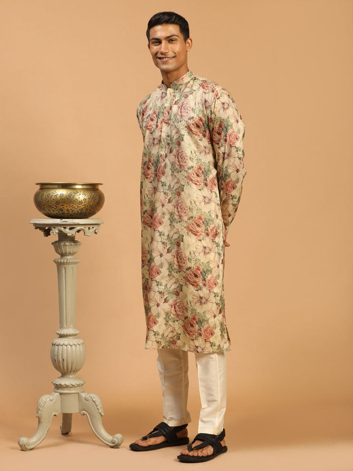 Sarvati Men's Beige Floral Printed Kurta with Cream Solid Pant Style Viscose Pyjama Set