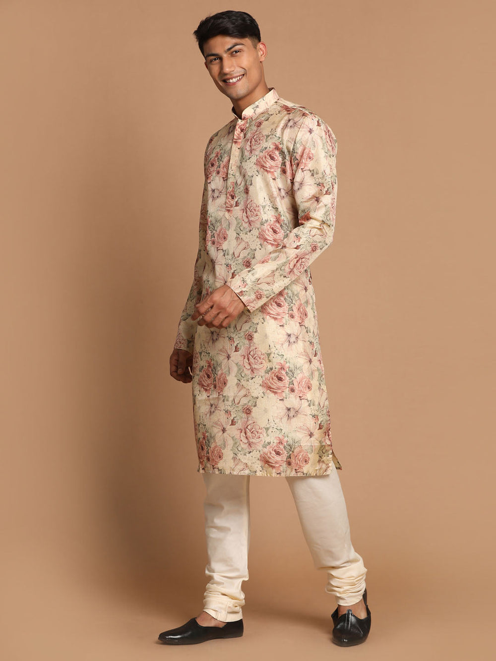 Sarvati Men's Beige Floral Printed Kurta with Cream Solid Pyjama Set