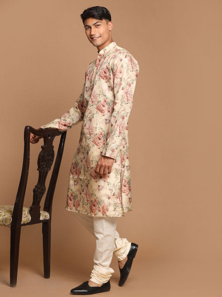 Sarvati Men's Beige Floral Printed Kurta with Cream Solid Pyjama Set