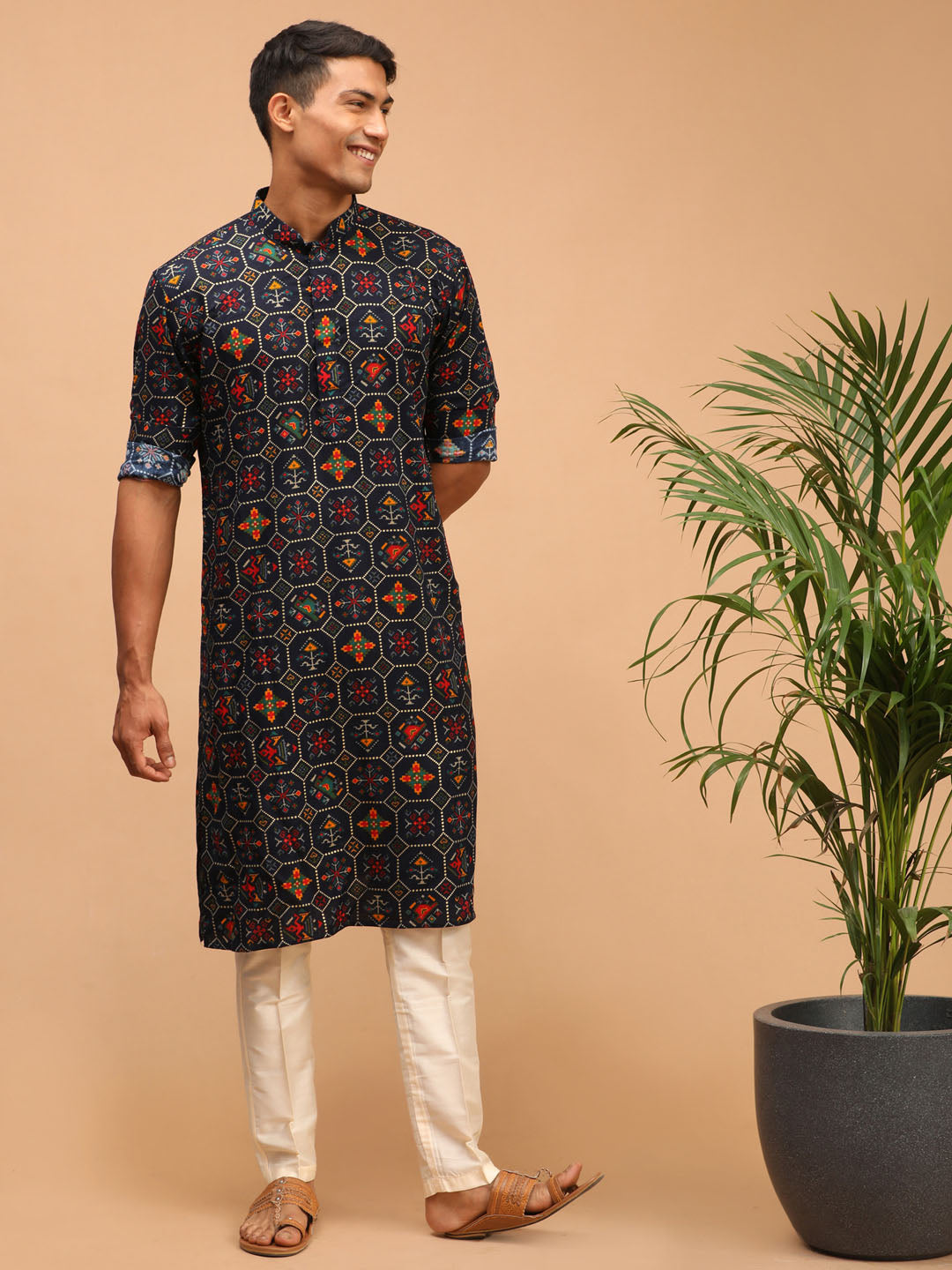 Sarvati Men's Blue Printed Rayon Kurta With Pant Set