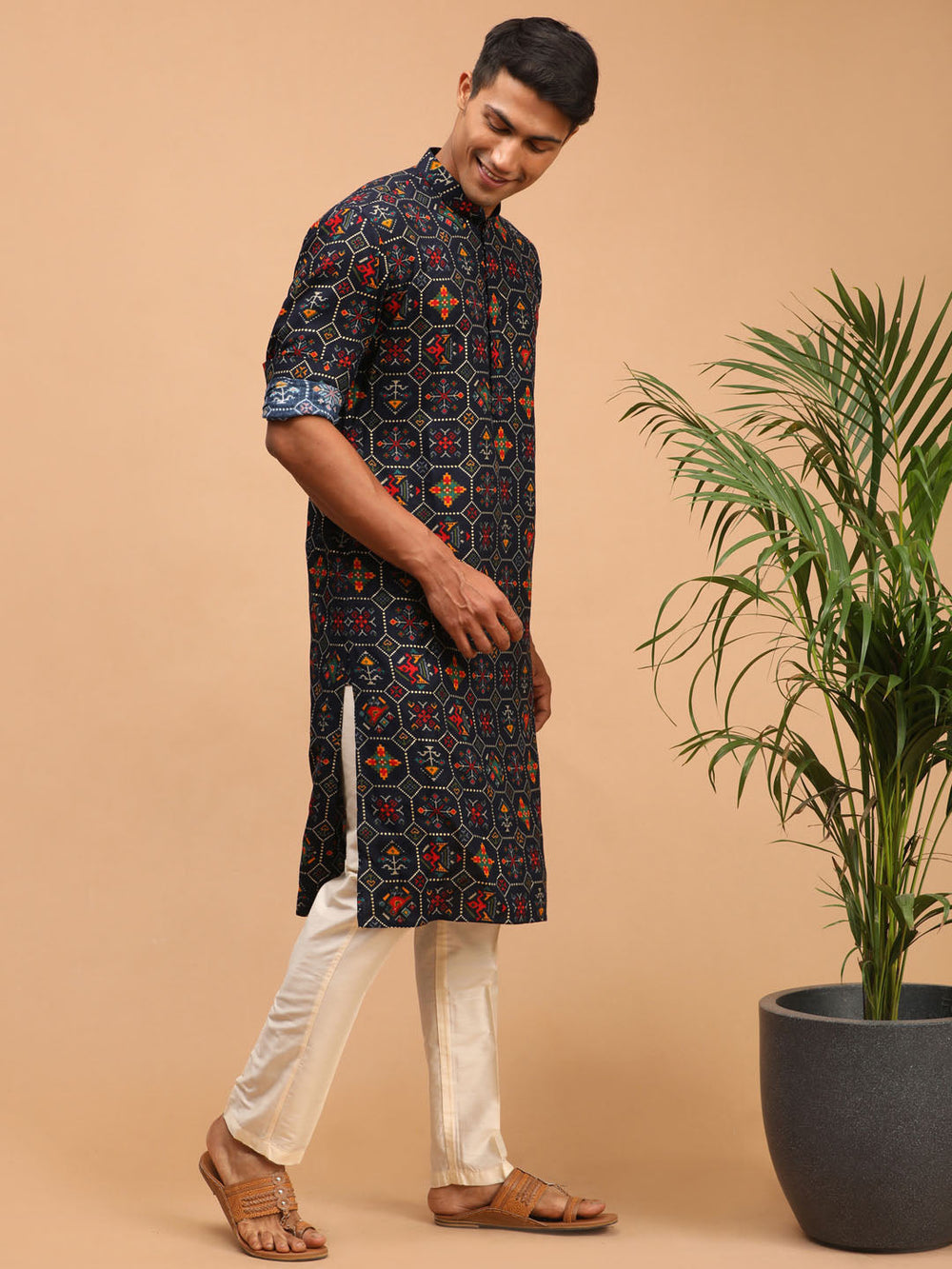 Sarvati Men's Blue Printed Rayon Kurta With Pant Set