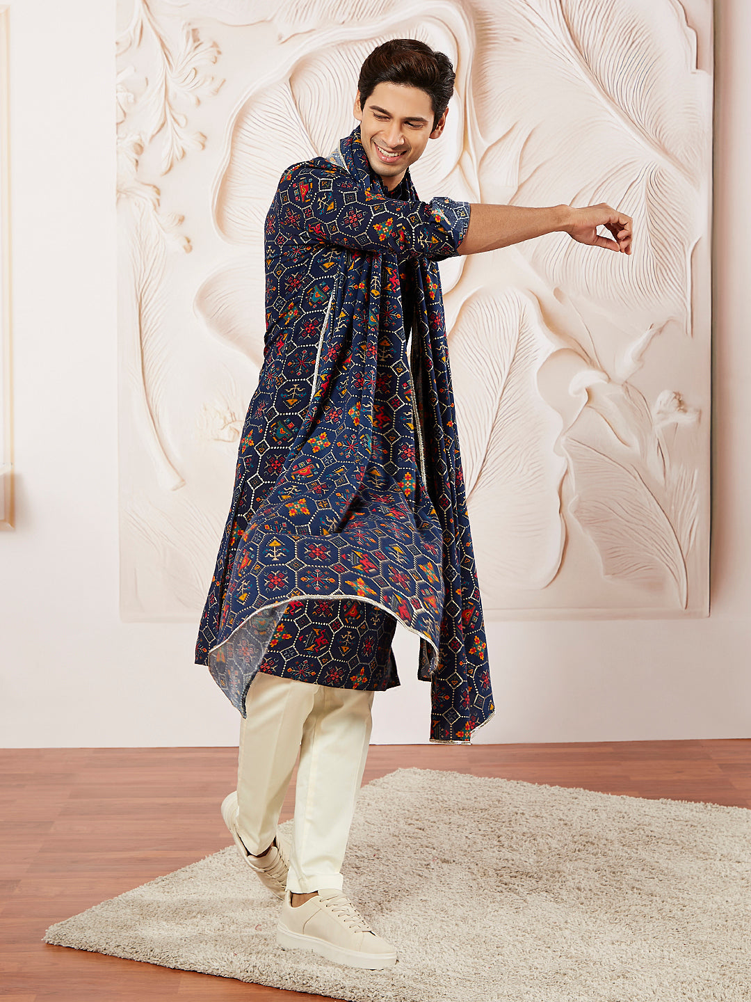 Men's Blue And Cream Rayon Kurta Pyjama And Dupatta Set