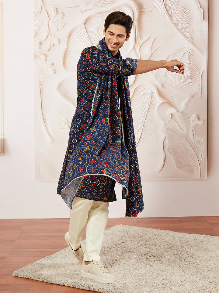 Men's Blue And Cream Rayon Kurta Pyjama And Dupatta Set