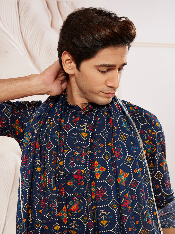 Men's Blue And Cream Rayon Kurta Pyjama And Dupatta Set