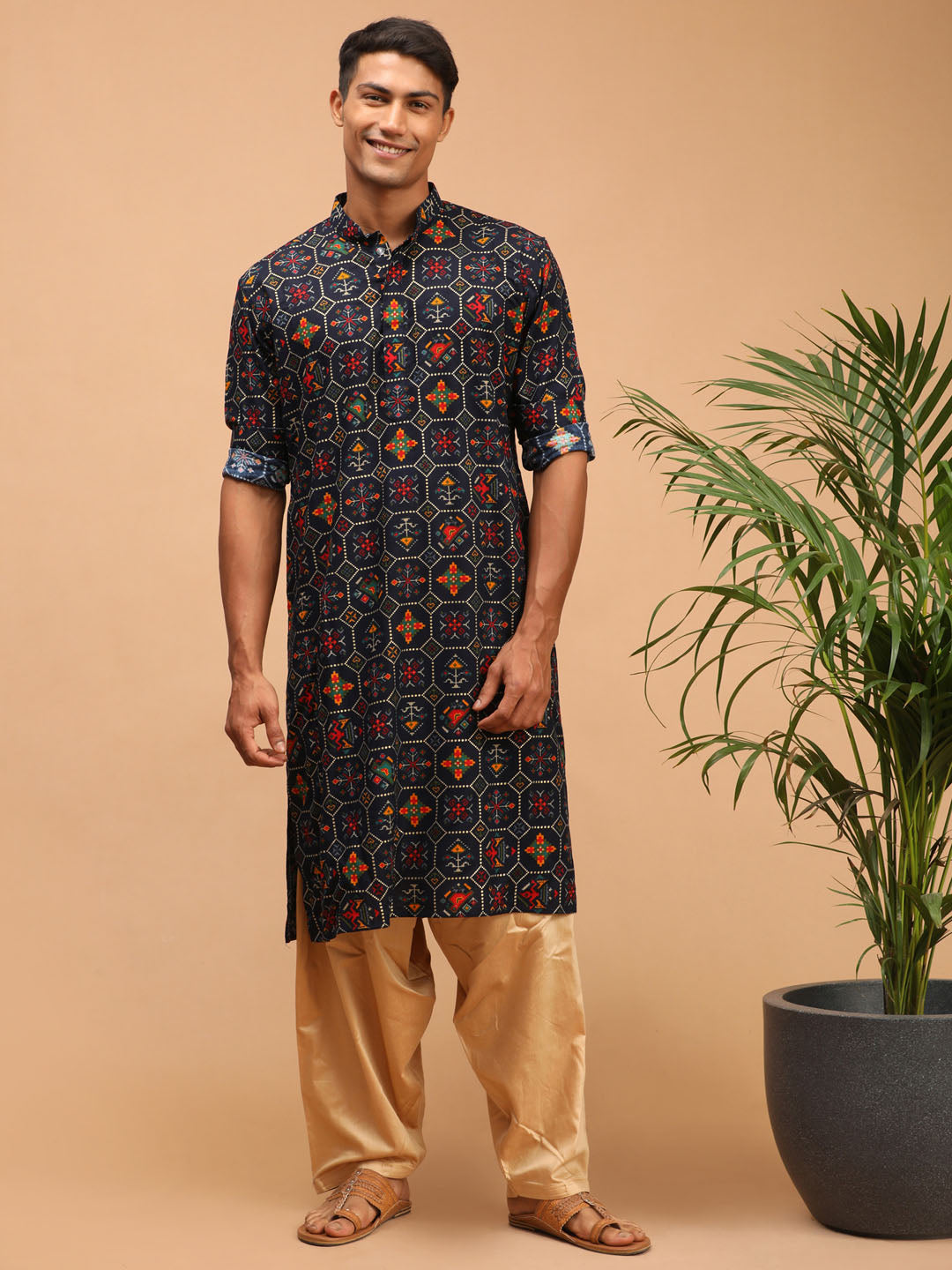 Men's Blue Printed Rayon Kurta With Patiala Set
