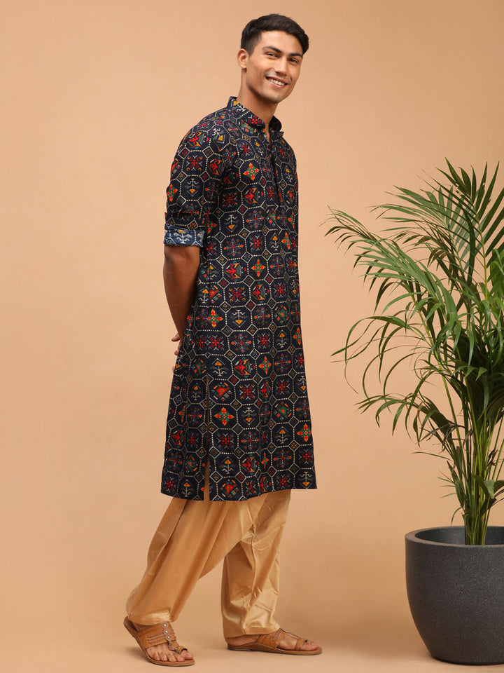 Men's Blue Printed Rayon Kurta With Patiala Set