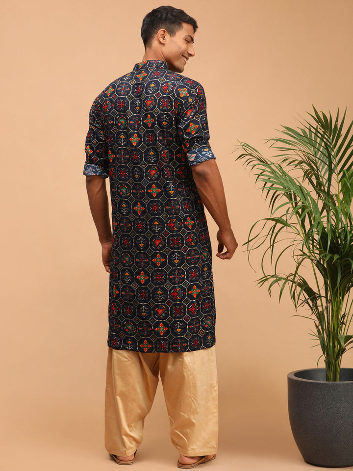 Men's Blue Printed Rayon Kurta With Patiala Set