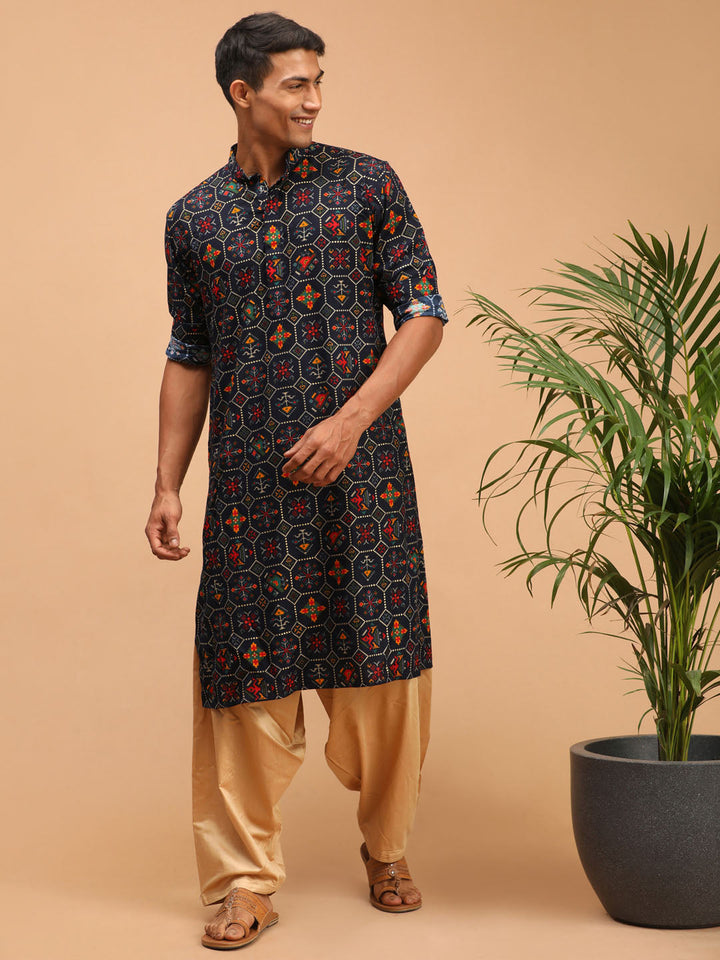 Men's Blue Printed Rayon Kurta With Patiala Set