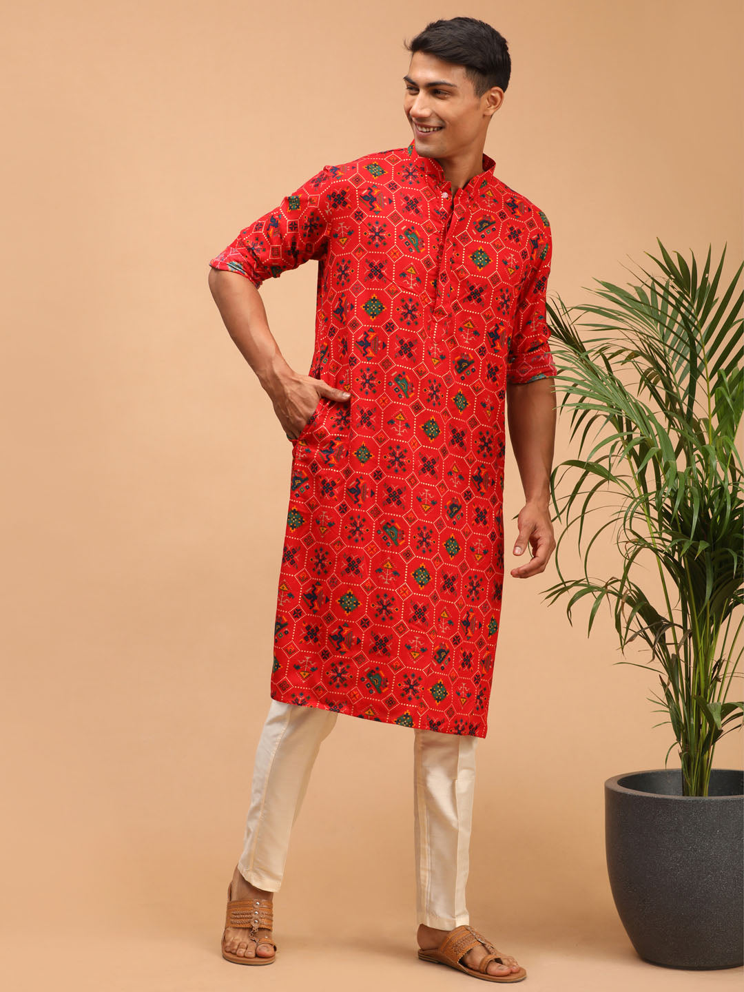 Sarvati Men's Red Printed Rayon Kurta With Pant Set