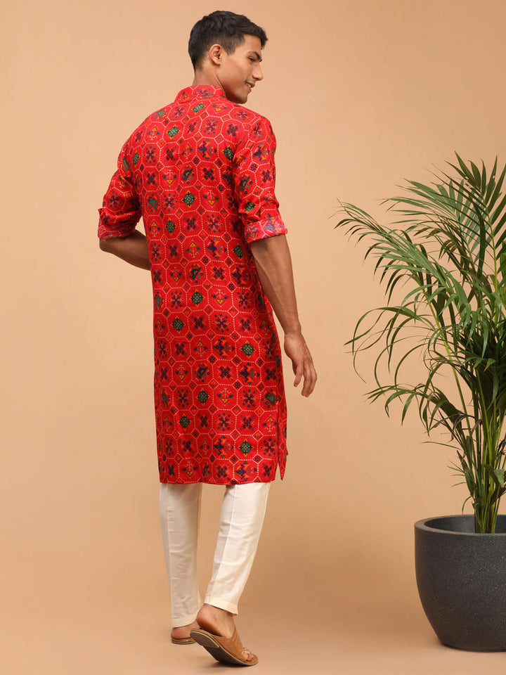 Sarvati Men's Red Printed Rayon Kurta With Pant Set