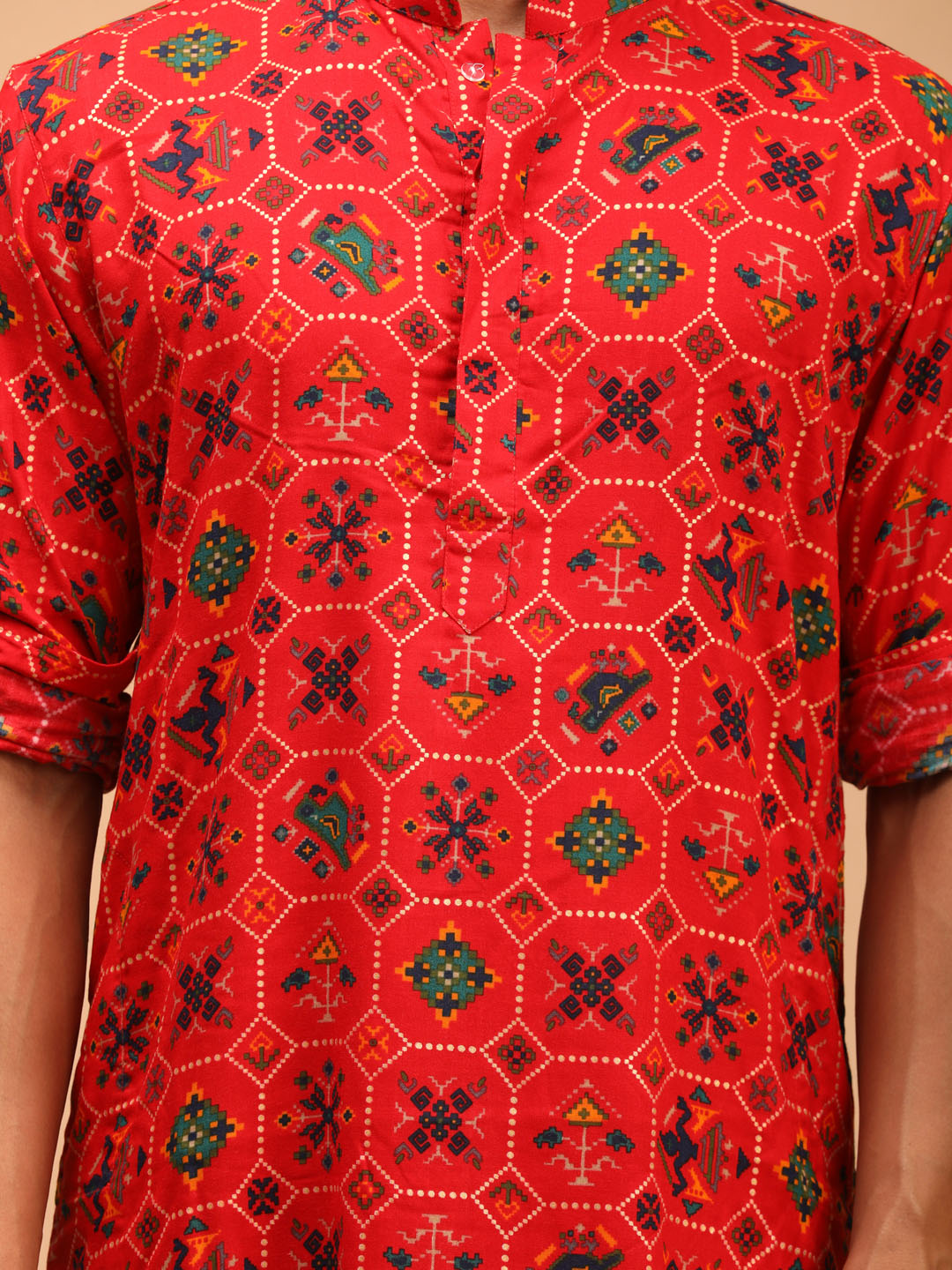 Sarvati Men's Red Printed Rayon Kurta With Pant Set