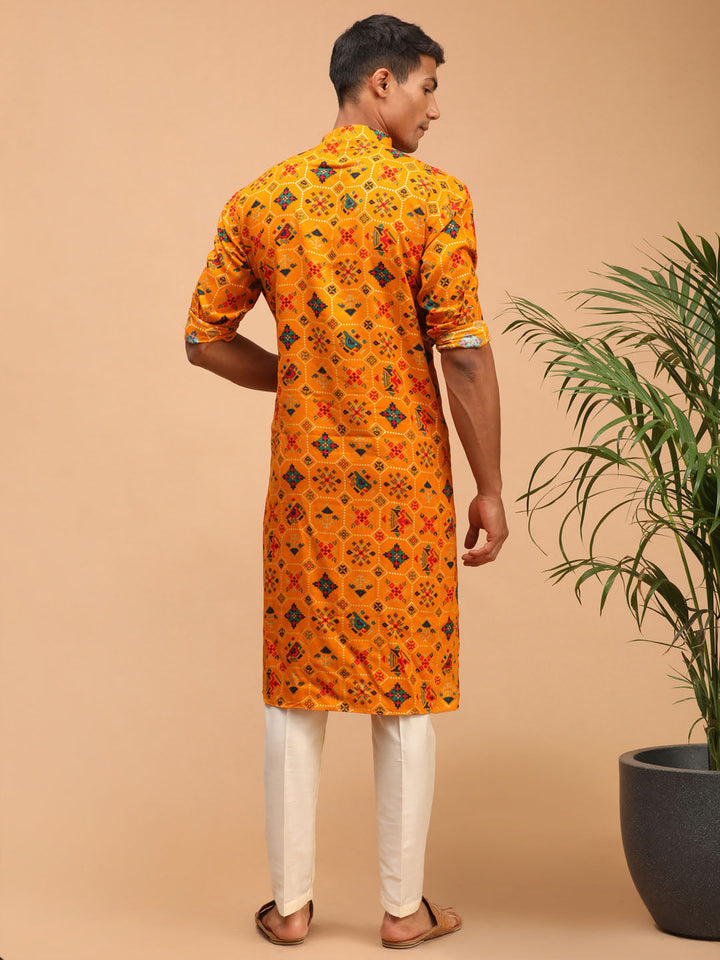 Sarvati Men's Yellow Printed Rayon Kurta With Pant Set