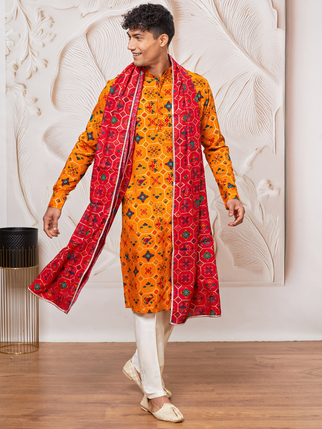 Men's Mustard Rayon Kurta,Pant And Dupatta Set