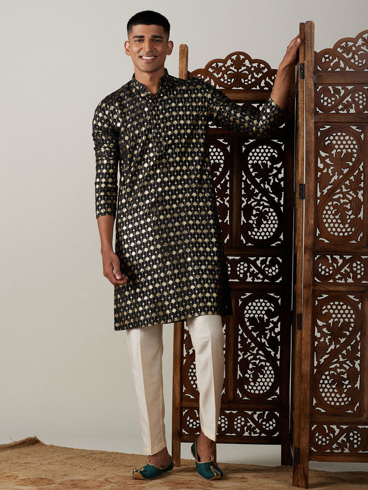 Sarvati Men's Black Foil Printed Kurta With Cream Pant Style Pyjama Set