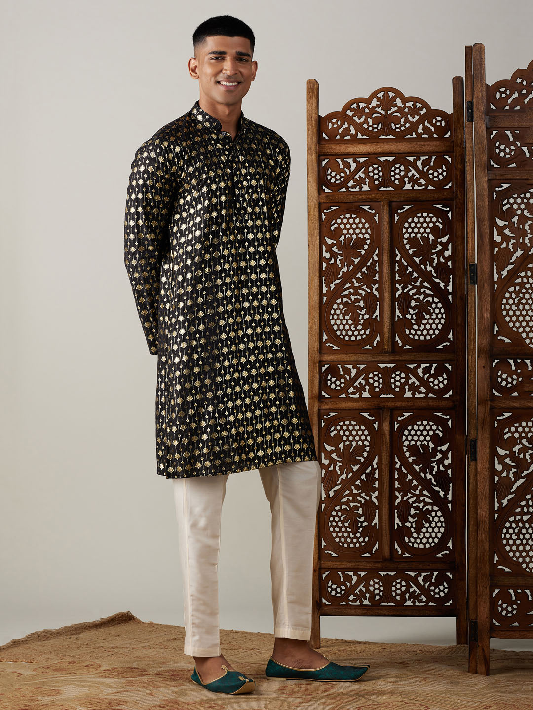 Sarvati Men's Black Foil Printed Kurta With Cream Pant Style Pyjama Set