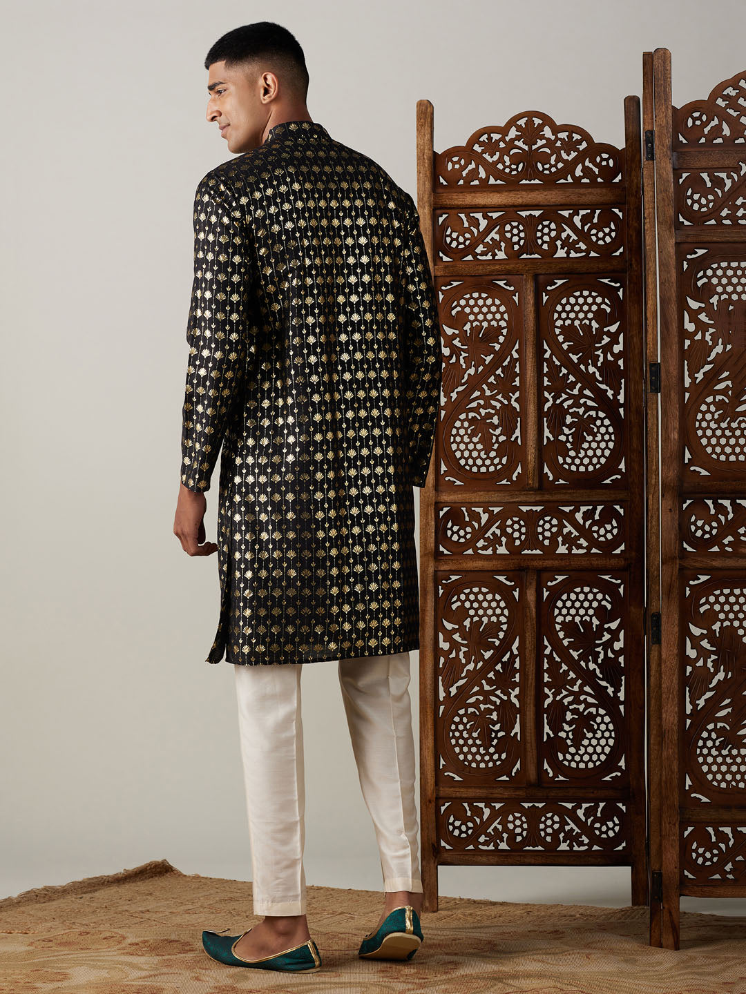 Sarvati Men's Black Foil Printed Kurta With Cream Pant Style Pyjama Set