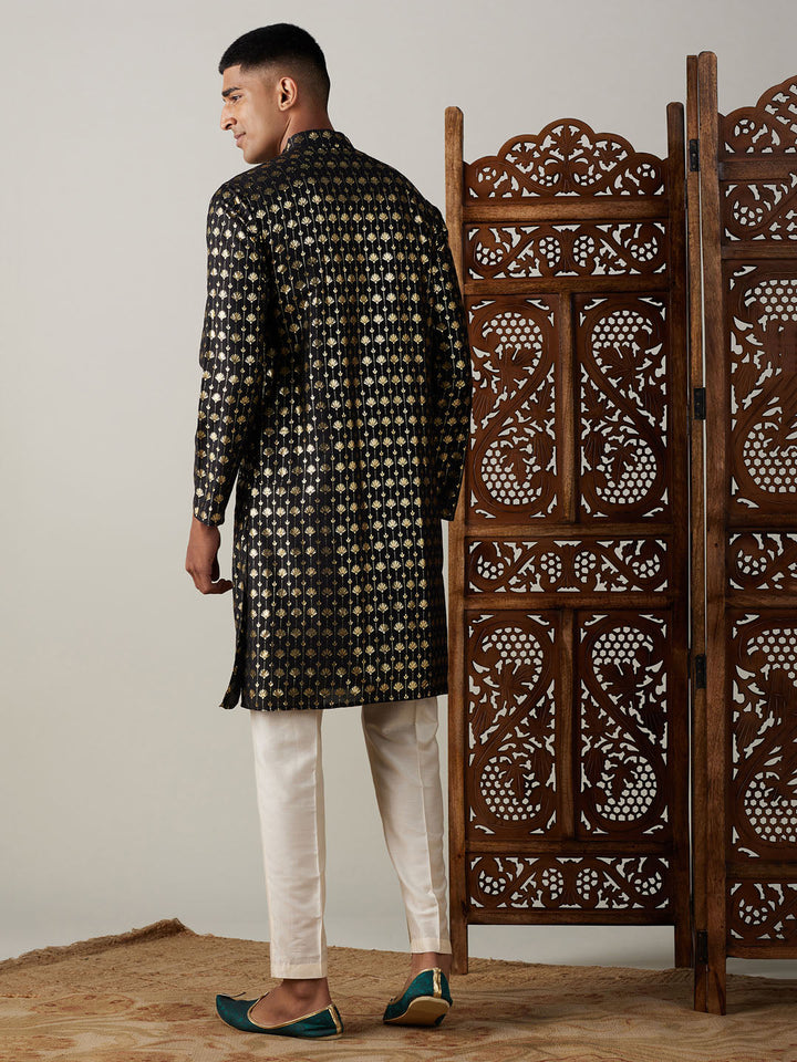 Sarvati Men's Black Foil Printed Kurta With Cream Pant Style Pyjama Set