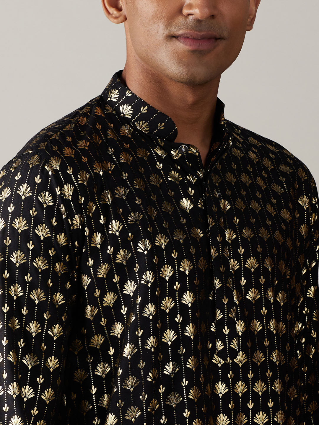 Sarvati Men's Black Foil Printed Kurta With Cream Pant Style Pyjama Set