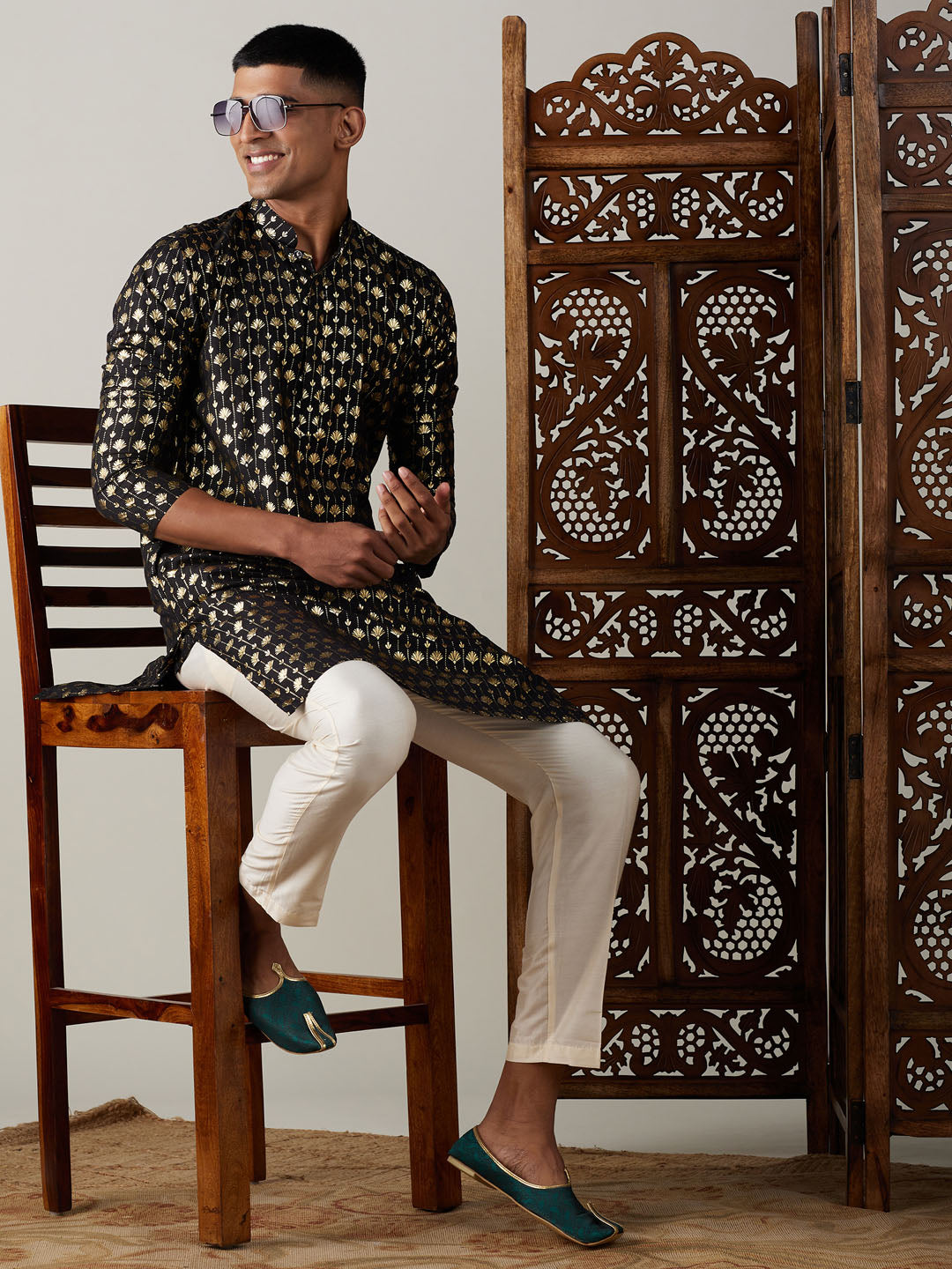 Sarvati Men's Black Foil Printed Kurta With Cream Pant Style Pyjama Set