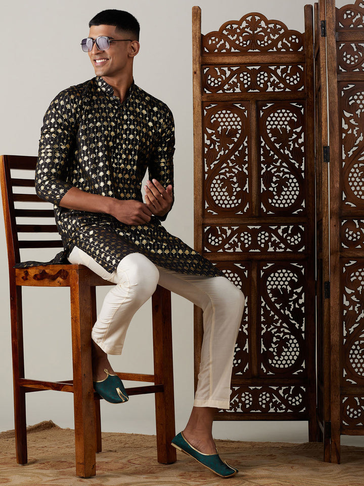 Sarvati Men's Black Foil Printed Kurta With Cream Pant Style Pyjama Set