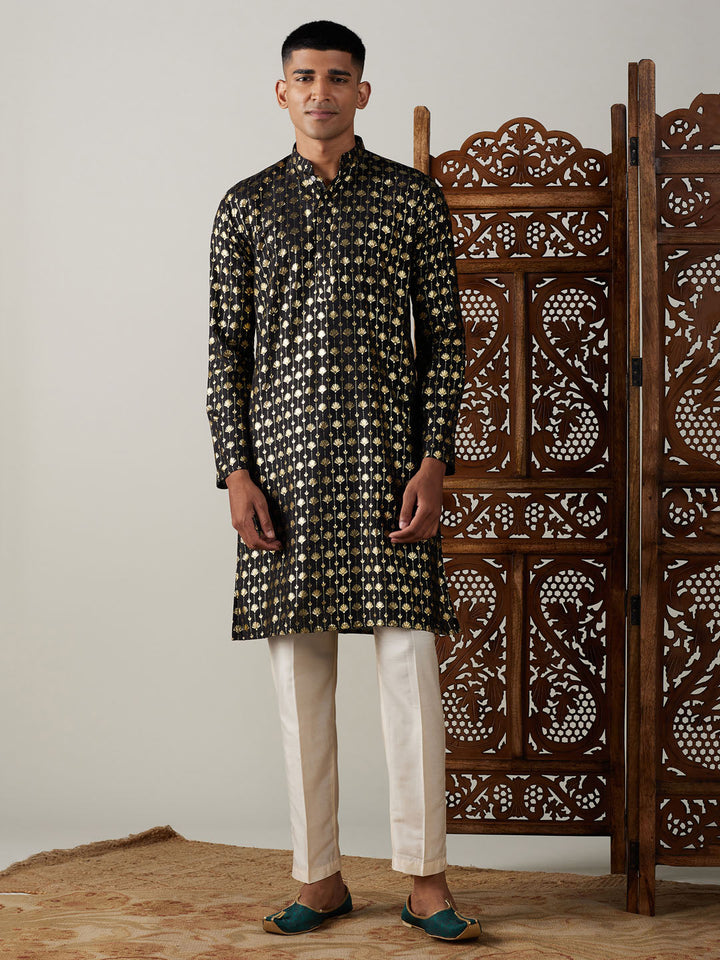 Sarvati Men's Black Foil Printed Kurta With Cream Pant Style Pyjama Set