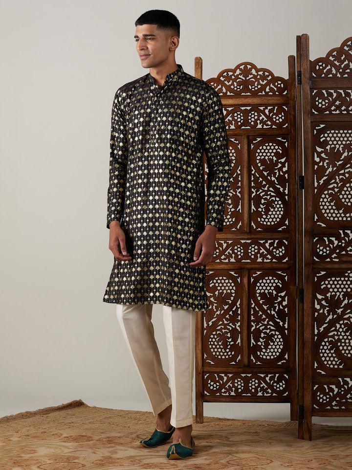 Sarvati Men's Black Foil Printed Kurta With Cream Pant Style Pyjama Set