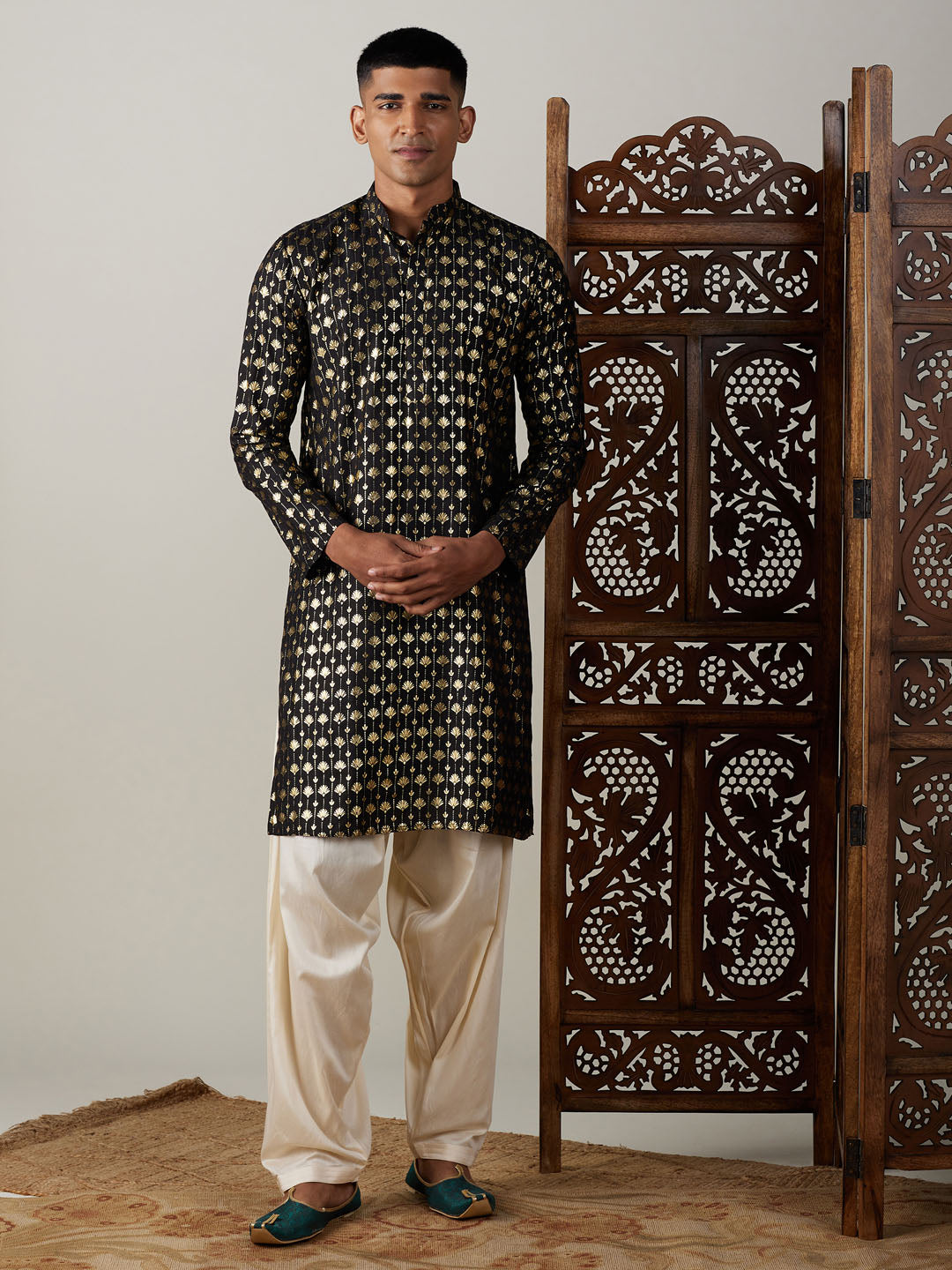 Sarvati Men's Black Foil Printed Kurta With Cream Patiala Set