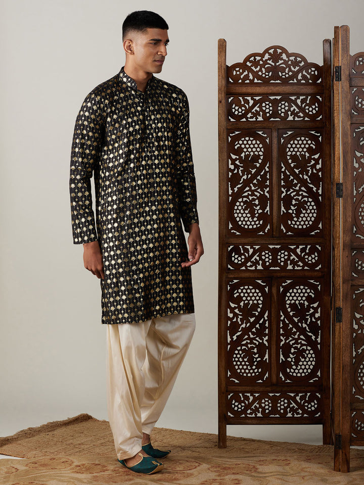 Sarvati Men's Black Foil Printed Kurta With Cream Patiala Set