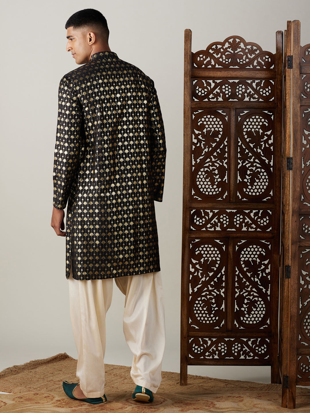 Sarvati Men's Black Foil Printed Kurta With Cream Patiala Set