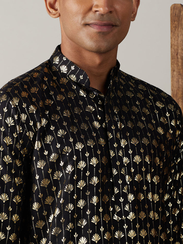 Sarvati Men's Black Foil Printed Kurta With Cream Patiala Set