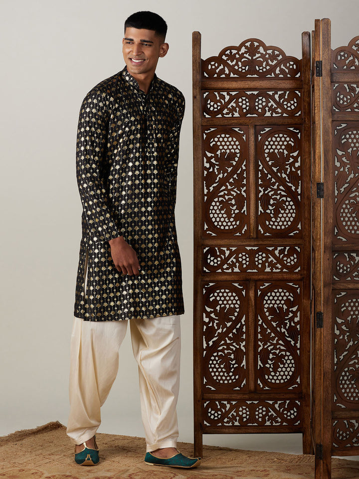 Sarvati Men's Black Foil Printed Kurta With Cream Patiala Set