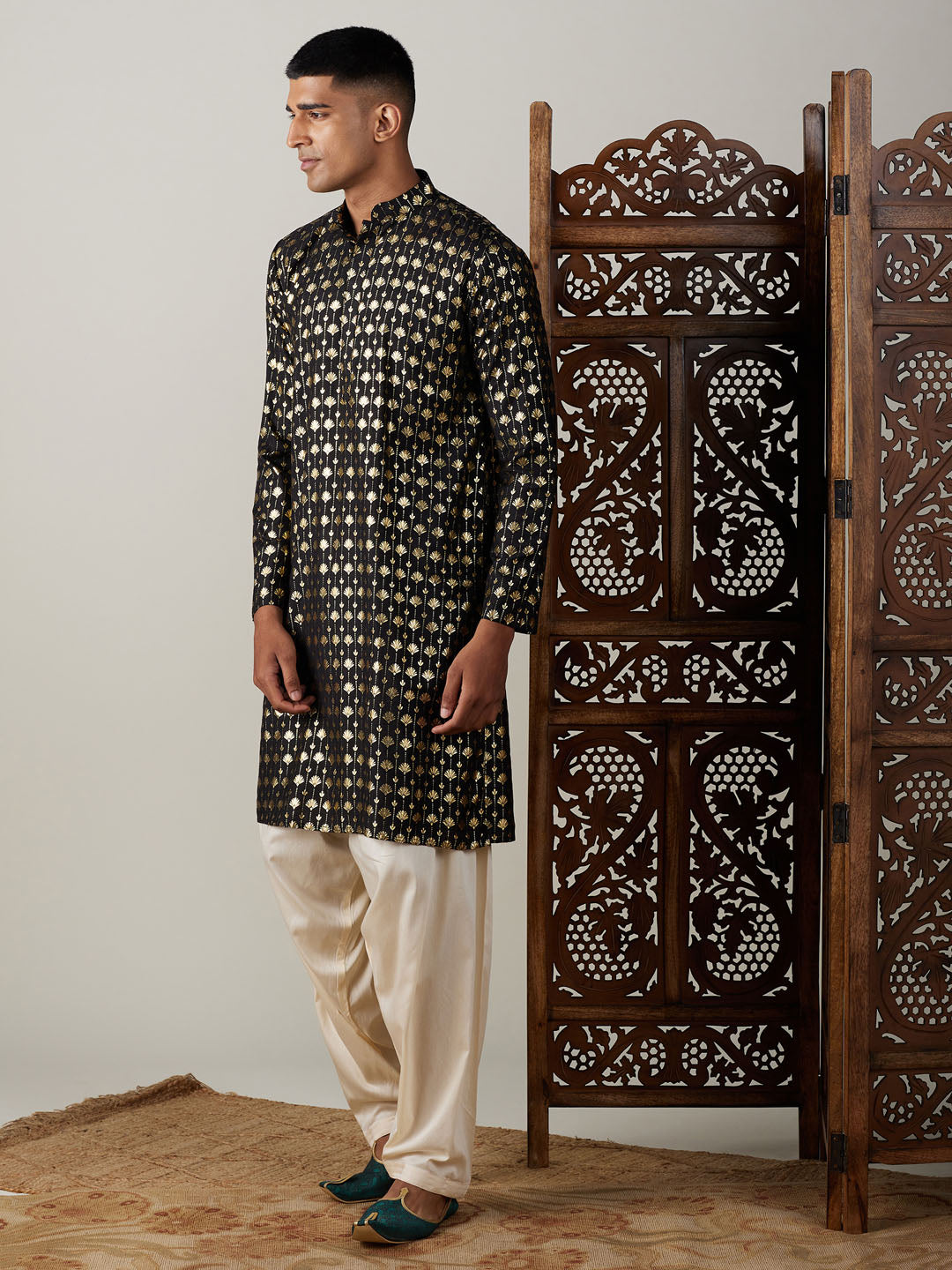 Sarvati Men's Black Foil Printed Kurta With Cream Patiala Set