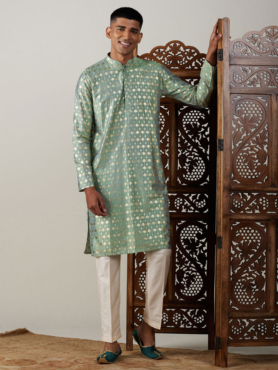 Sarvati Men's Light Green Foil Printed Kurta With Cream Pant Style Pyjama Set