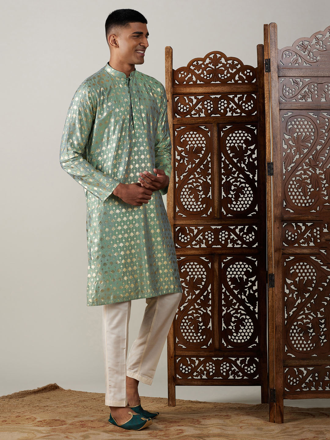 Sarvati Men's Light Green Foil Printed Kurta With Cream Pant Style Pyjama Set