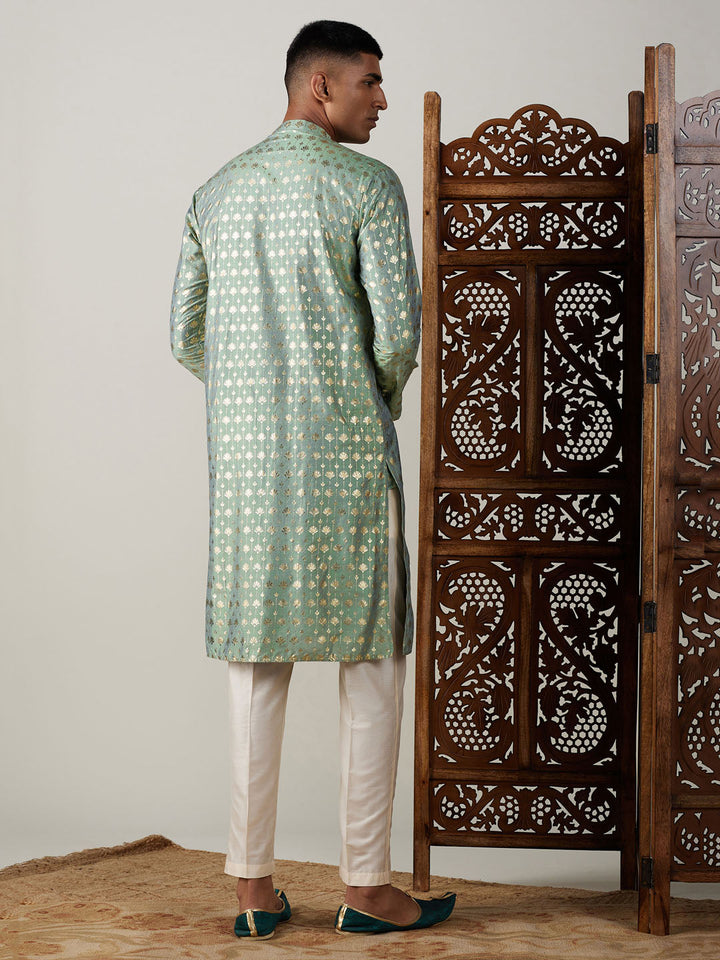 Sarvati Men's Light Green Foil Printed Kurta With Cream Pant Style Pyjama Set