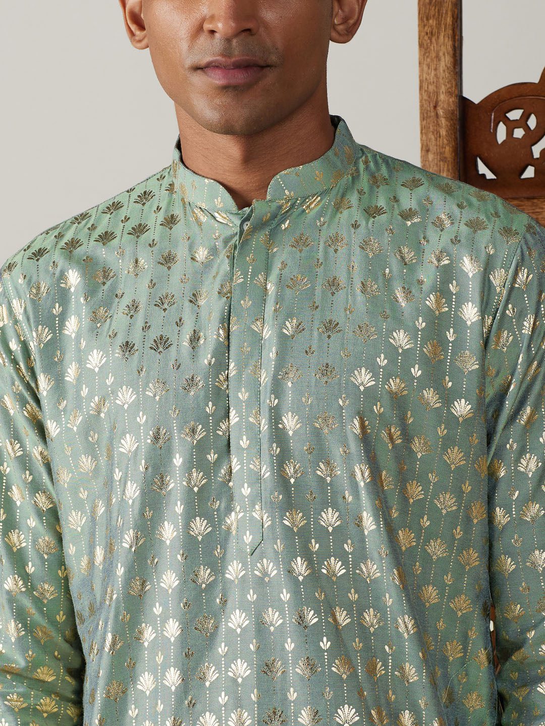 Sarvati Men's Light Green Foil Printed Kurta With Cream Pant Style Pyjama Set