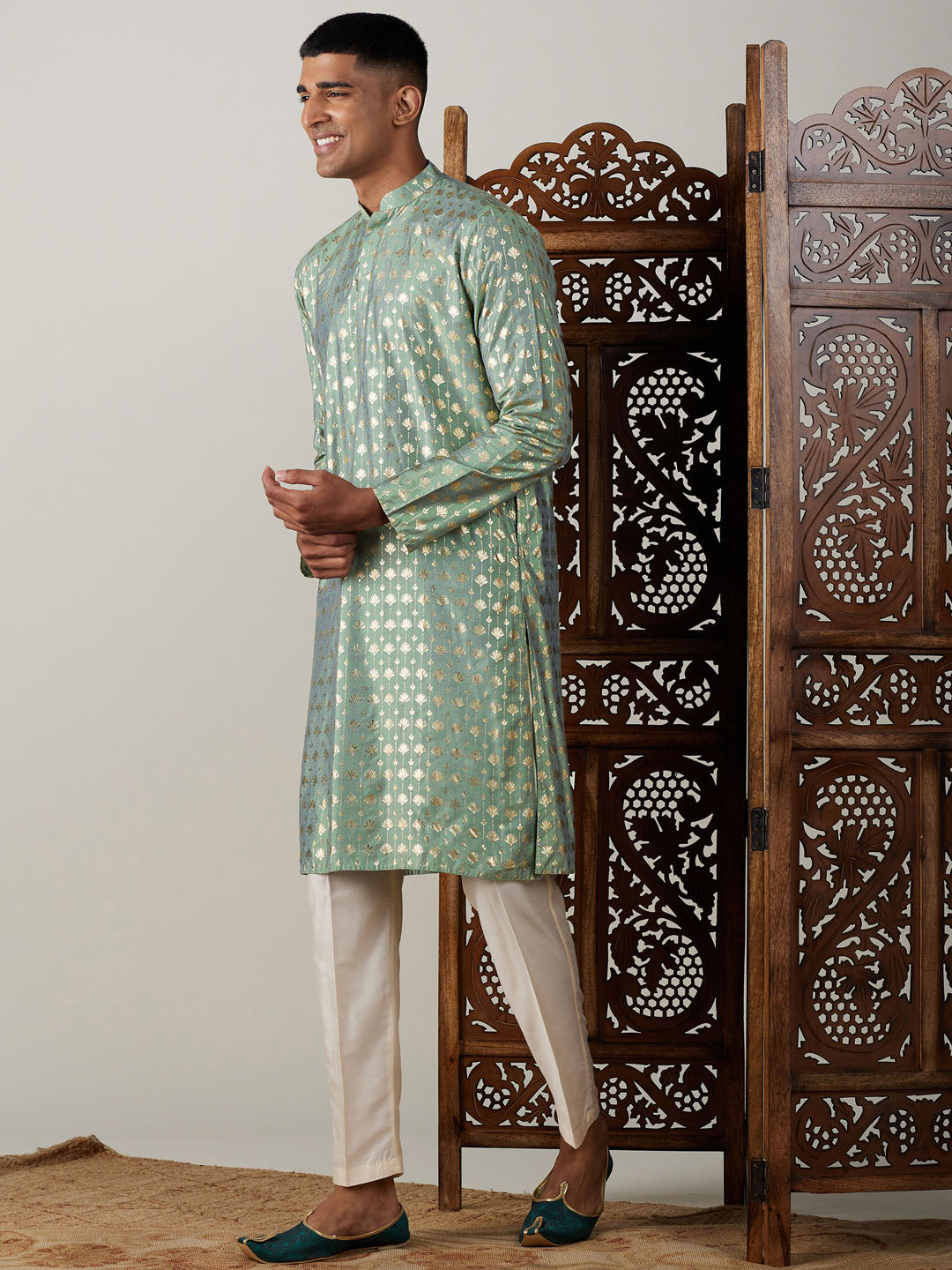 Sarvati Men's Light Green Foil Printed Kurta With Cream Pant Style Pyjama Set