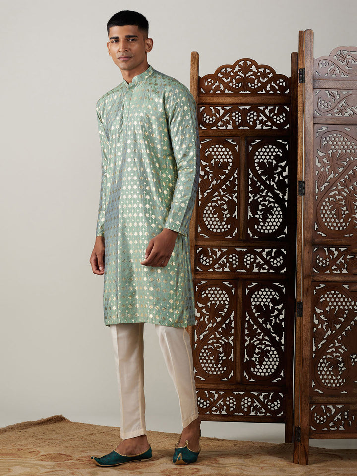 Sarvati Men's Light Green Foil Printed Kurta With Cream Pant Style Pyjama Set