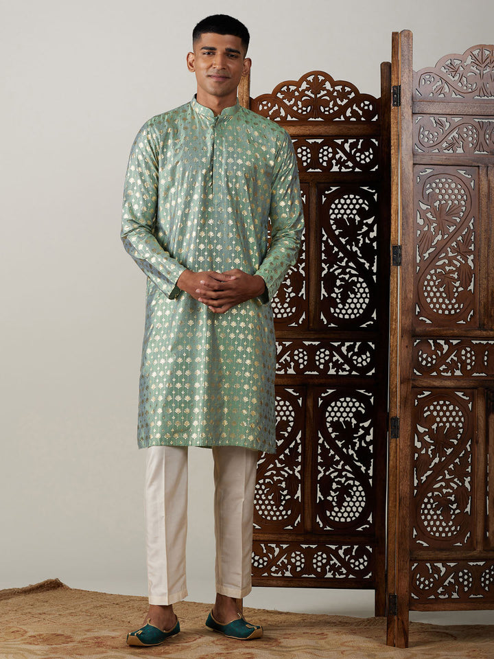 Sarvati Men's Light Green Foil Printed Kurta With Cream Pant Style Pyjama Set