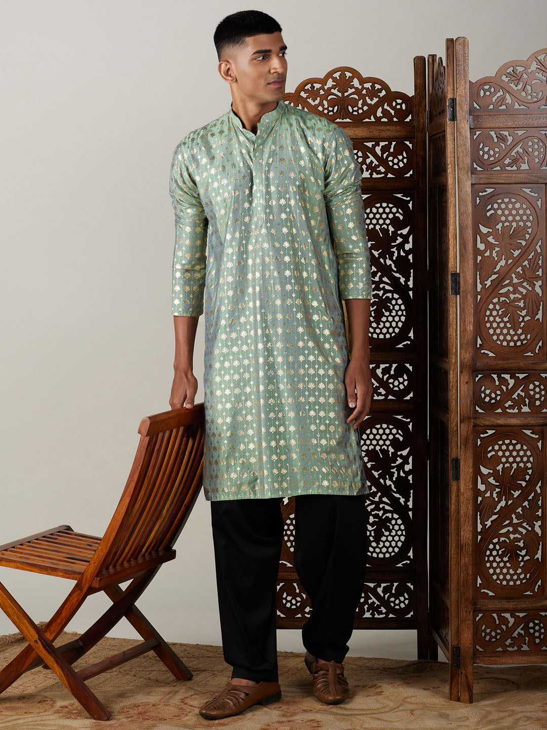 Sarvati Men's Light Green Foil Printed Kurta With Black Patiala Set