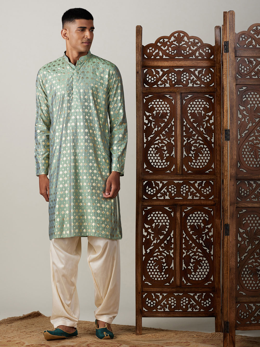 Sarvati Men's Light Green Foil Printed Kurta With Cream Patiala Set