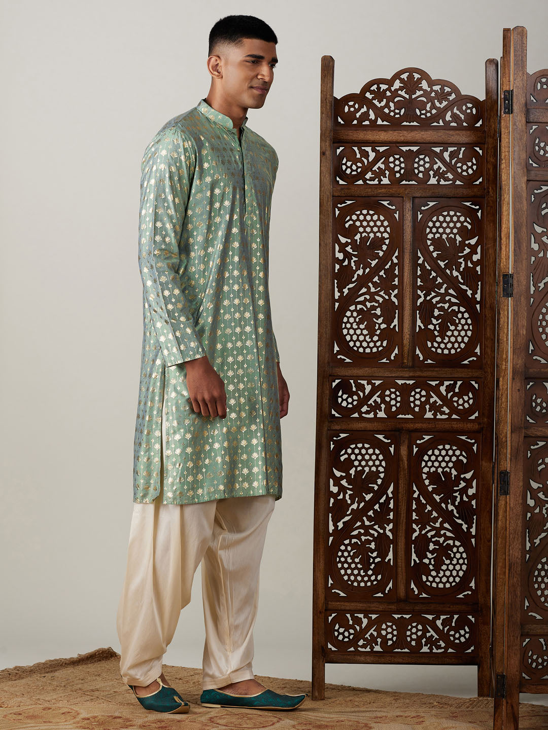 Sarvati Men's Light Green Foil Printed Kurta With Cream Patiala Set