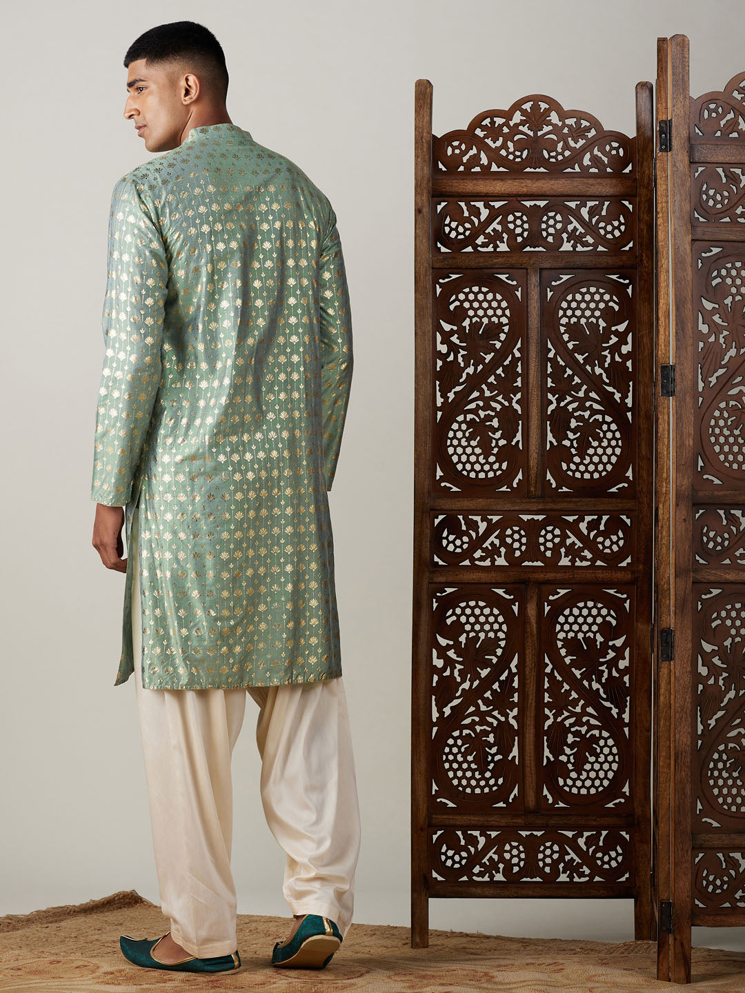 Sarvati Men's Light Green Foil Printed Kurta With Cream Patiala Set