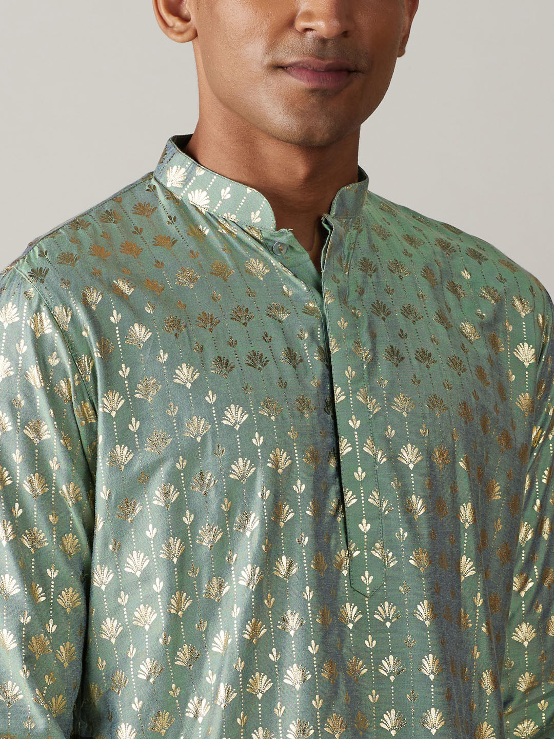 Sarvati Men's Light Green Foil Printed Kurta With Cream Patiala Set