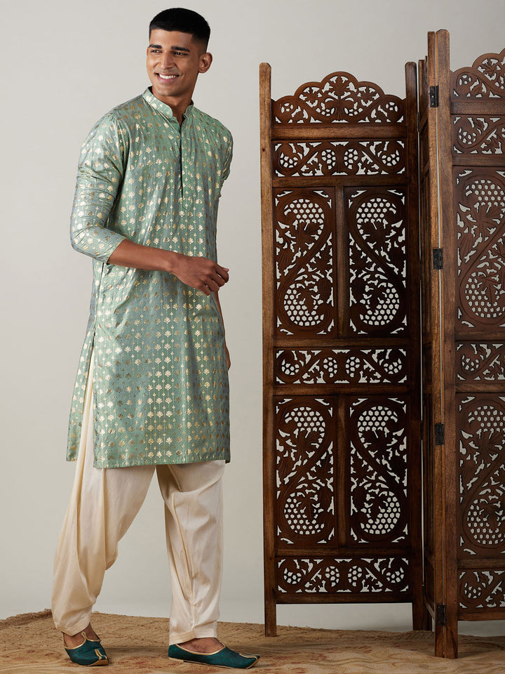 Sarvati Men's Light Green Foil Printed Kurta With Cream Patiala Set