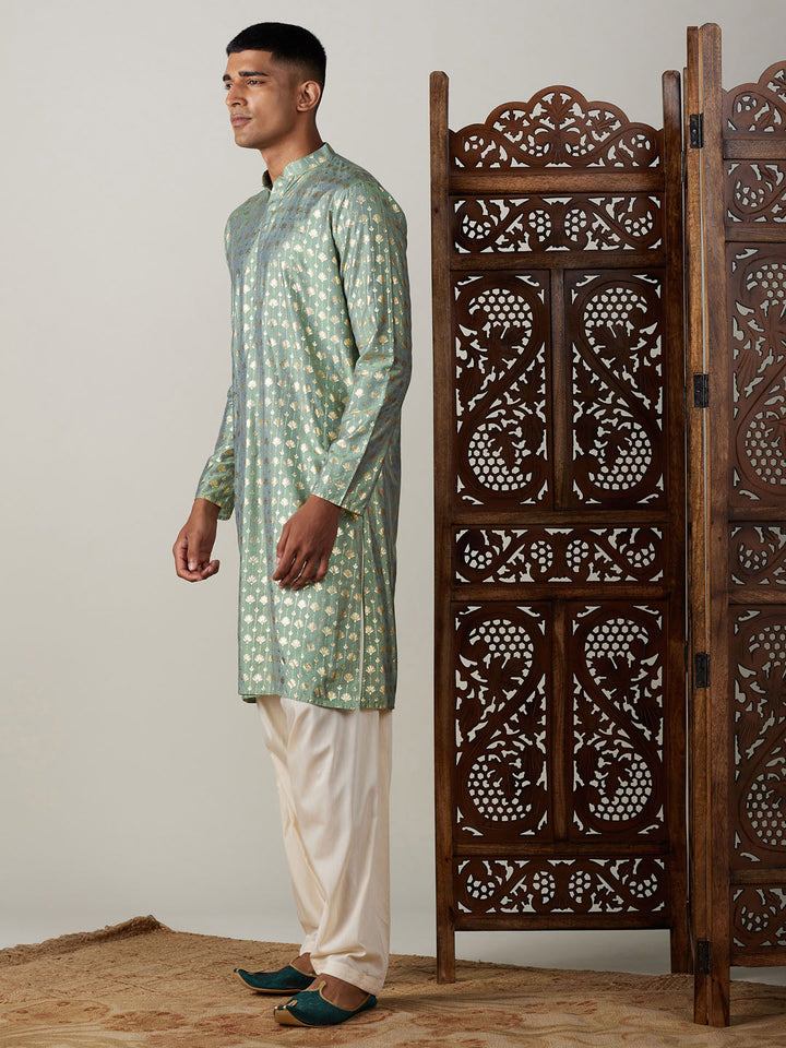 Sarvati Men's Light Green Foil Printed Kurta With Cream Patiala Set