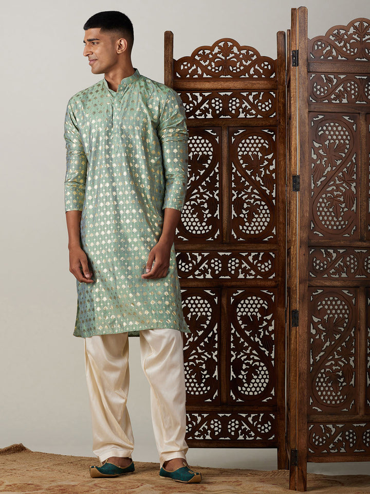 Sarvati Men's Light Green Foil Printed Kurta With Cream Patiala Set