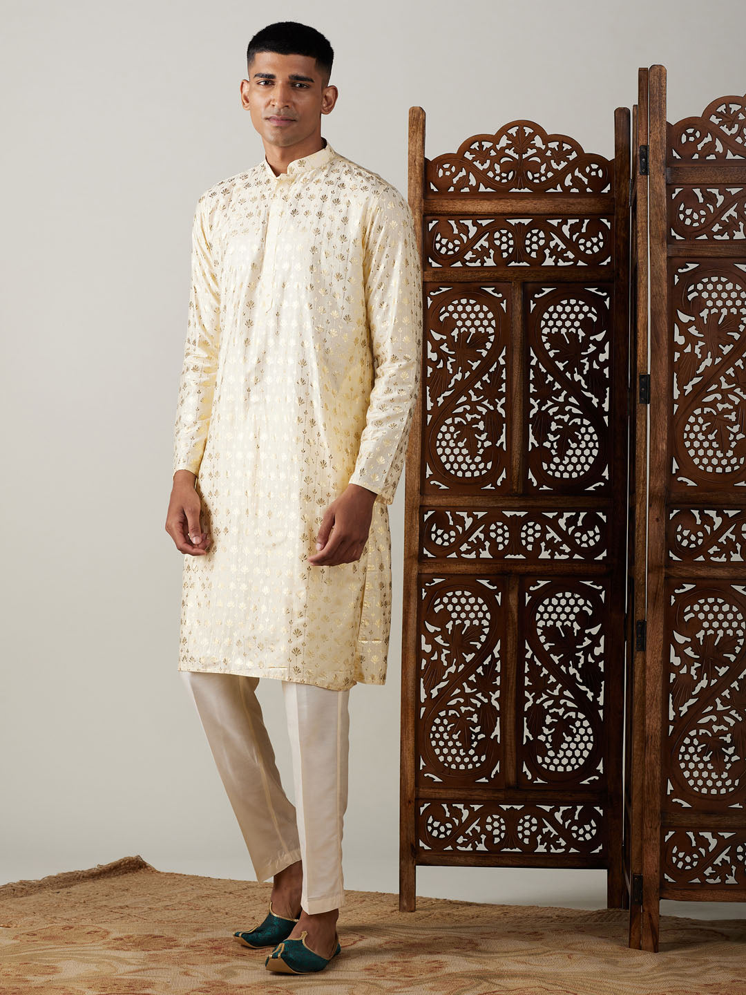 Sarvati Men's Gold Foil Printed Kurta With Cream Pant Style Pyjama Set