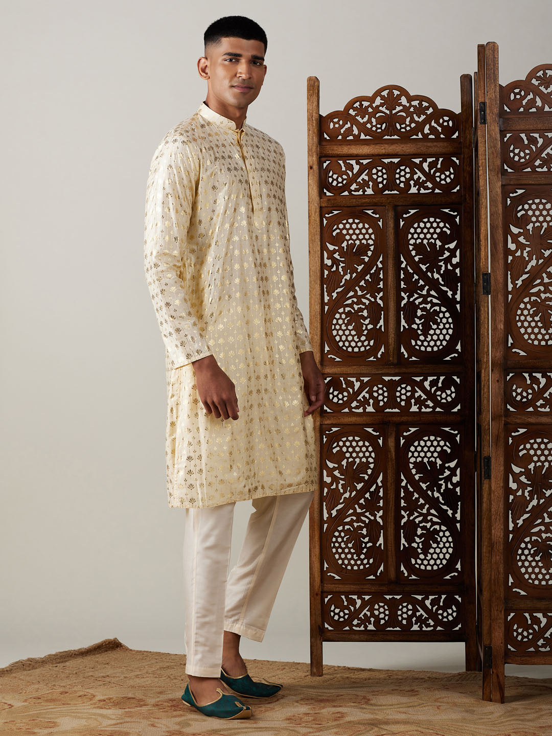 Sarvati Men's Gold Foil Printed Kurta With Cream Pant Style Pyjama Set